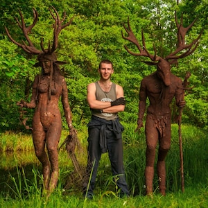 Pair of 8ft steel patchwork stag-people sculptures. Handmade, bespoke, one of a kind REMAKE