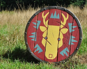 Steel, Wood and Leather Emblazoned Shield replica   Legend of Zelda Breath of the Wild BotW Viking Hylian Metal Wooden Master Red Royal Stag