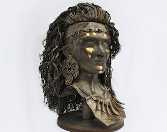 Original Handmade Steel and Brass bust sculpture.&quot;Merrida&quot; Female Norse Viking Warrior Princess Tribal Aztec Fantasy Mythical Metal 80s