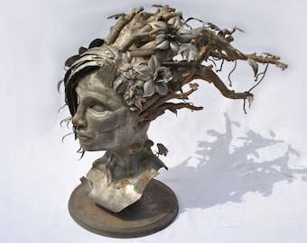 Handmade Steel Dryad bust sculpture."Kyne" REMAKE  Sylvari Sylvan Spriggan Ent Treant Green man Fantasy Mythical Magic Tree Elf Metal Nature