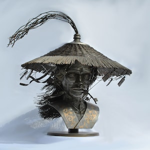 Handmade Steel and Brass bust sculpture &quot;Haku&quot; REMAKE        Male Samurai Warrior Ninja Japanese Ronin Mythical Shogun Magic Metal Straw Hat