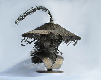 Handmade Steel and Brass bust sculpture "Haku" REMAKE        Male Samurai Warrior Ninja Japanese Ronin Mythical Shogun Magic Metal Straw Hat