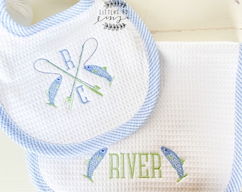 Fishing Bib & Burp Cloth  Set - Baby Shower Gift - Monogrammed Bib - Monogrammed Boys gift - Baby Gift - Boutique Baby Gift