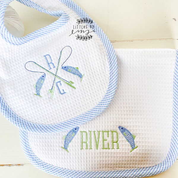 Fishing Bib & Burp Cloth  Set - Baby Shower Gift - Monogrammed Bib - Monogrammed Boys gift - Baby Gift - Boutique Baby Gift