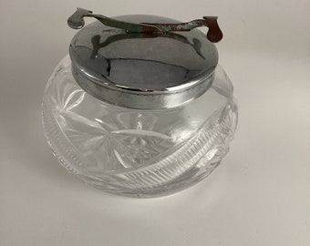 Vintage Sugar Cube bowl with Spring loaded tongs Cut Glass Bowl And Chrome Top