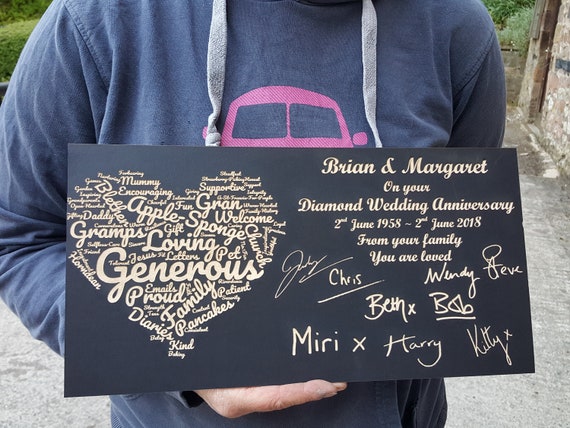 Personalised Diamond Slate Plaque with Hearts Laser Engraved Mothers Day Gift
