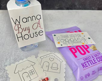 Kit de marketing para agentes inmobiliarios, suministros para visitas a casas abiertas, imagen de marca para agentes inmobiliarios, promoción de propiedades, botella de agua, paquete de tarjetas para colorear para niños