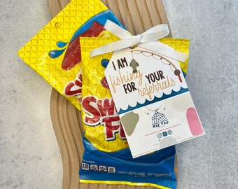 Referral Realtor Pop By Tag Real Estate Client Gift Marketing Goldfish Fishing for Referrals Realtor Tags Swedish fish Lender Marketing Gift