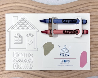 Tarjeta para colorear de agente inmobiliario. Dulce hogar. Actividad. Jornada de puertas abiertas. Entretenimiento infantil. Cliente. Familiar. Material de marketing. Diseño. Apartamento.