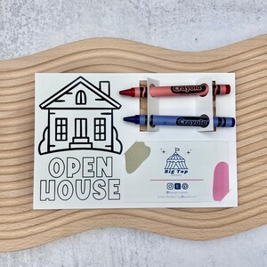 Tarjeta para colorear de jornada de puertas abiertas. Herramienta de marketing para agentes inmobiliarios. Material de promoción para agentes. Regalo de entretenimiento infantil. Juego de visualización de actividades para niños.