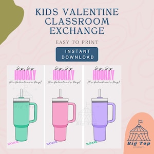 Tween Valentine Card Classroom Exchange Idea Digital Printable Water Bottle Cap Tag School Party Favor Teen Gift Hydro Flask Trendy Stanley