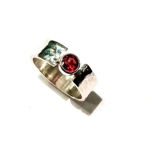 Garnet Solitaire Ring, Silver and Garnet Ring, January Birthstone, Unique Wedding Ring, Personalized Gift, Wide Band Ring, Girlfriend Gift