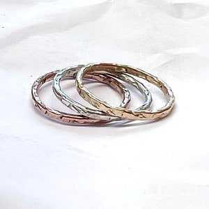 Stacking Ring Set, THREE mixed Metal Stack Rings, Gold Rose Yellow Gold and Sterling Rings, Minimalist Textured Rings, Stackable Ring Bands