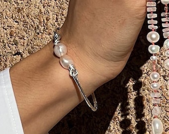 Pearl and Sterling Silver Bangle Bracelet, Handmade Jewelry, Wedding Jewelry, Gift for Her, Pearl Jewelry, Freshwater Pearl Bangle, Custom