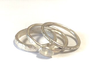 Natural Moonstone Ring Set, Sterling Silver Rings, Stacking Rings, June Birthstone Ring, Dainty Ring, Personalized Gift, Special Gift Idea