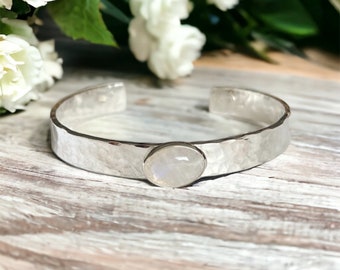 Moonstone Sterling Silver Cuff Bracelet, Personalized Jewelry, Gift for Friend, Handmade Jewelry, Special Gift, Genuine Gemstone Jewelry