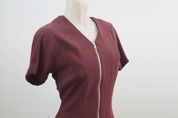 Vintage 80s zip-up Dress in Burgundy/ Plum Aus si… - image 5