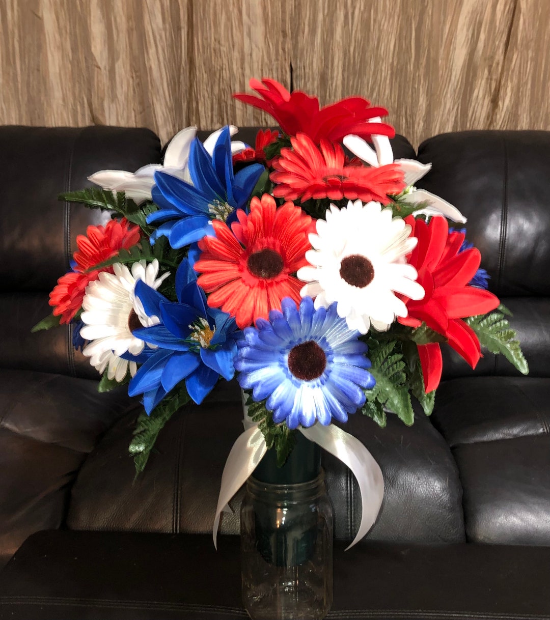 Artificial Patriotic Cemetery Flowers, Red White Blue Grave Arrangement ...