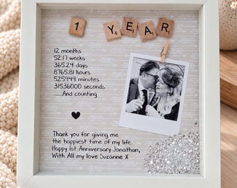 First Anniversary framed gift for Partner, Paper anniversary, Personalised One year frame, Valentines.