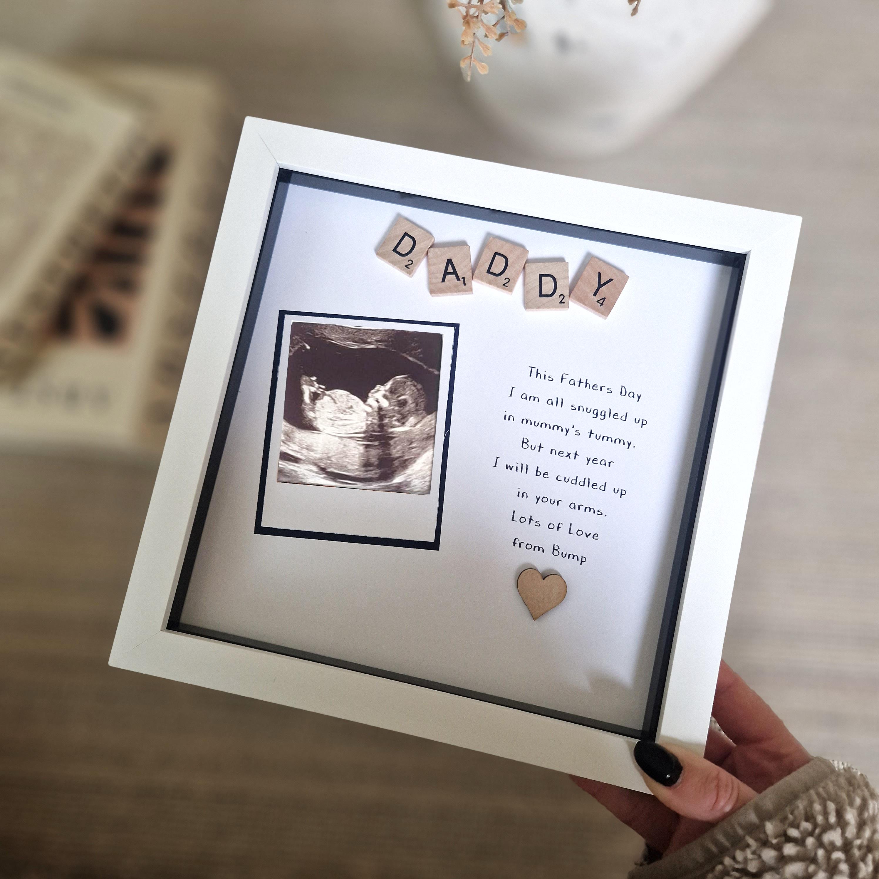 Scan photo gift to Daddy from Bump. Father's day gift for Daddy to be. New Dad scrabble frame. Personalised photo box frame for new father.
