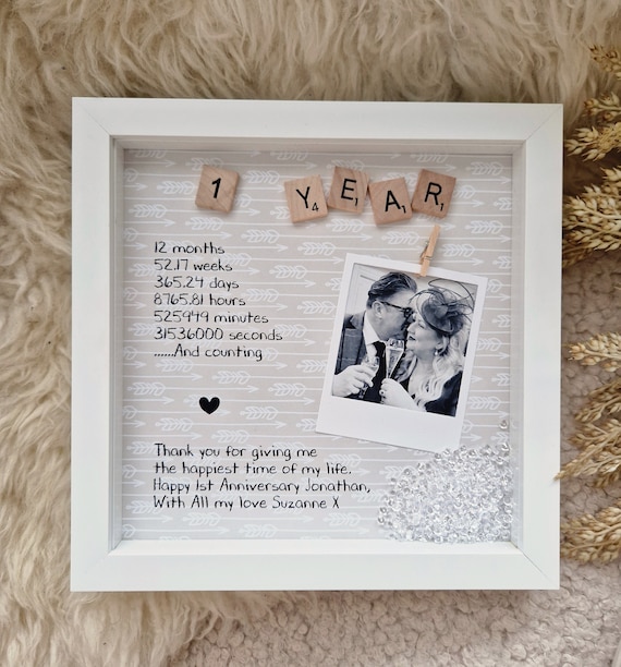 1st First Anniversary Gifts for Husband Wife, Personalised 1st Wedding  Anniversary Couple, One Year Married, Acrylic Heart With Grey Bag 