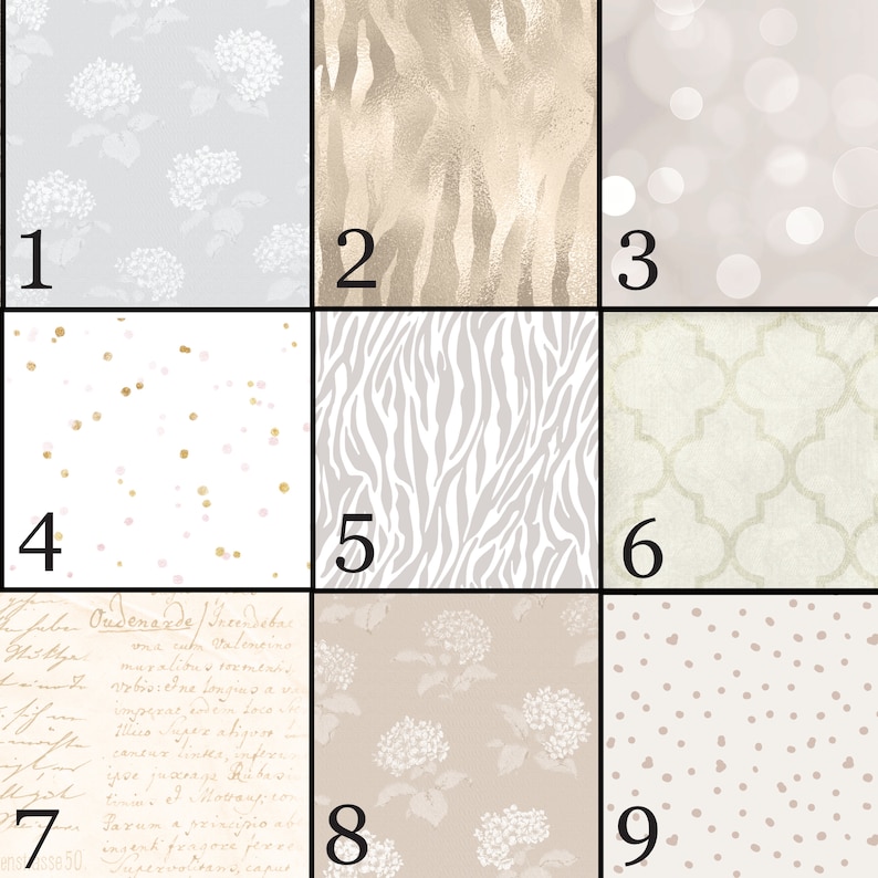 May include: Nine different patterns in a grid, each with a number from 1 to 9. The patterns include white flowers on a light blue background, gold zebra stripes on a beige background, white polka dots on a beige background, gold confetti on a white background, white zebra stripes on a gray background, a beige trellis pattern on a white background, a beige floral pattern on a white background, a beige floral pattern on a beige background, and a beige polka dot pattern on a white background.