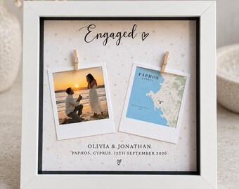 Personalised Engagement Map and Photo Frame. Custom Proposal Location Gift, Engagement Keepsake Couple.