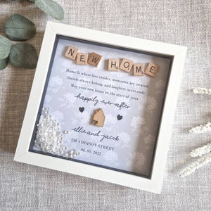 May include: A white picture frame with a gray background and a message that reads "NEW HOME" spelled out with wooden letter tiles. The message continues with "Home is where love resides, memories are created, friends always belong, and laughter never ends. May your new home be the start of your happily ever after." The frame also includes a small wooden house, two hearts, and the names "ellie and jacob" along with an address and date.