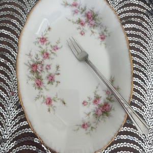 May include: An oval-shaped, white porcelain plate with a gold rim and a floral pattern of pink roses and green leaves. A silver fork rests on the plate. The plate is on a silver sequined surface.