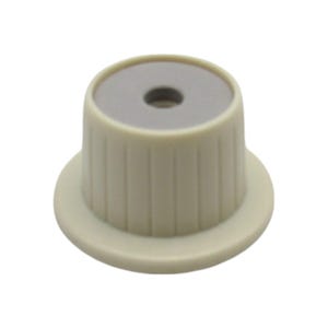 May include: A white plastic knob with a gray center and a small hole in the middle. The knob has a ridged design around the edge.