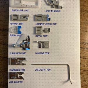 May include: A white sheet of paper with a grid pattern, labeled with the names of different sewing machine feet and a quilting rod. The feet are arranged in rows and include a buttonhole foot, a hemmer foot, a button foot, a blind hem foot, an overedge foot, a zig zag foot, a straight stitch foot, a zipper foot, a cording foot, and a snap-on shank.