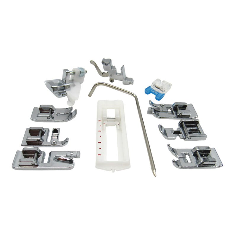 May include: A set of 13 silver sewing machine feet, including a zipper foot, a buttonhole foot, a blind stitch foot, and a straight stitch foot. The set also includes a needle threader, a seam ripper, and a foot gauge.