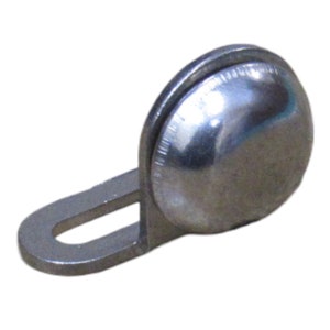 May include: Silver metal door hinge with a round, smooth, and slightly domed top. The hinge has a flat, rectangular base with a slot in the centre.