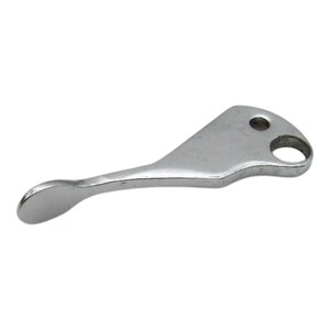 May include: A silver metal lever with a rounded end and two holes. The lever is designed for use with a mechanical device.