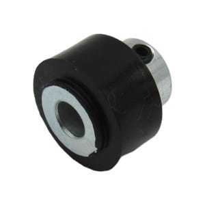 May include: A black rubber roller with a silver metal centre and a threaded shaft. The roller is designed for use in a variety of applications, such as printing, manufacturing, and packaging.
