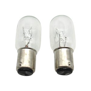 May include: Two clear glass light bulbs with silver metal bases. The bulbs have a single filament inside.