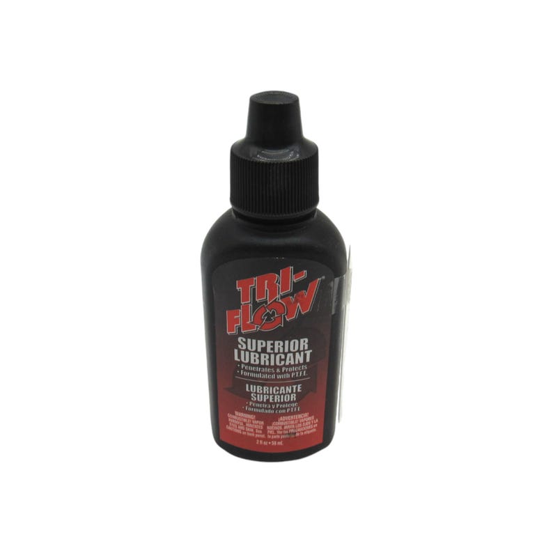 K&ouml;nnte beinhalten: Eine schwarze Flasche Tri-Flow Superior Schmiermittel. Die Flasche ist mit rotem Text beschriftet, der "Tri-Flow Superior Schmiermittel" und "Dringt ein und sch&uuml;tzt - Formuliert mit PTFE" lautet.