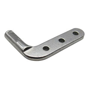 May include: Silver metal L-shaped bracket with four holes. The bracket is curved and has a smooth finish.