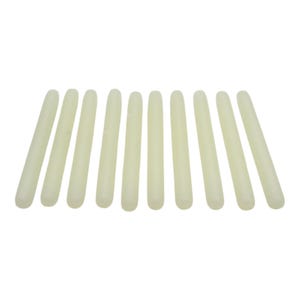 May include: Ten white glue sticks arranged in a row.
