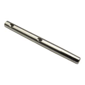 May include: A stainless steel pin with two drilled holes. The pin is cylindrical with a rounded end and is designed for mechanical applications. The metal has a polished finish, reflecting light.