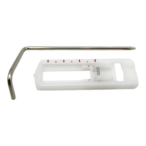 May include: A white plastic sewing machine foot with a metal guide bar. The foot has a red scale and a small metal pin.