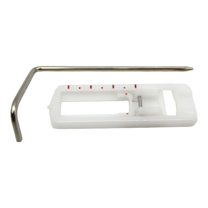 May include: A white plastic sewing machine foot with a metal guide bar. The foot has a red scale and a small metal pin.