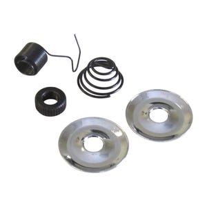 May include: A set of five metal parts for a guitar, including two silver-colored plates, a black spring, a smaller black spring, and a black metal nut.