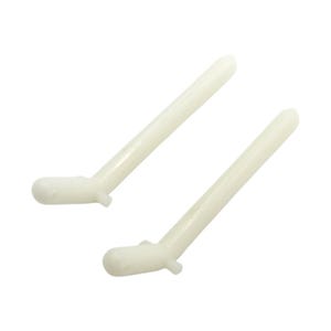 May include: Two white plastic replacement parts for a chair or other furniture. The parts are shaped like a long, thin tube with a slight bend at one end.