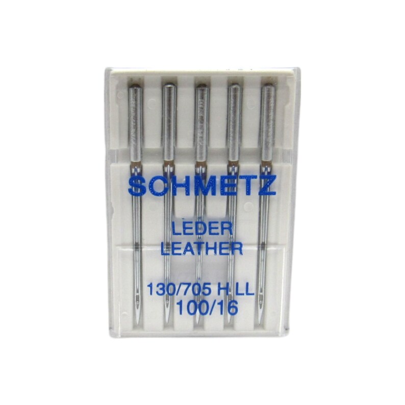 May include: A pack of five silver sewing needles for leather, labeled "Schmetz Leder Leather 130/705 H LL 100/16".