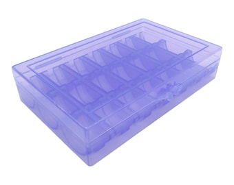 May include: A clear, light purple plastic storage box with a hinged lid and multiple compartments. The box is designed to hold small items, such as jewelry or craft supplies.