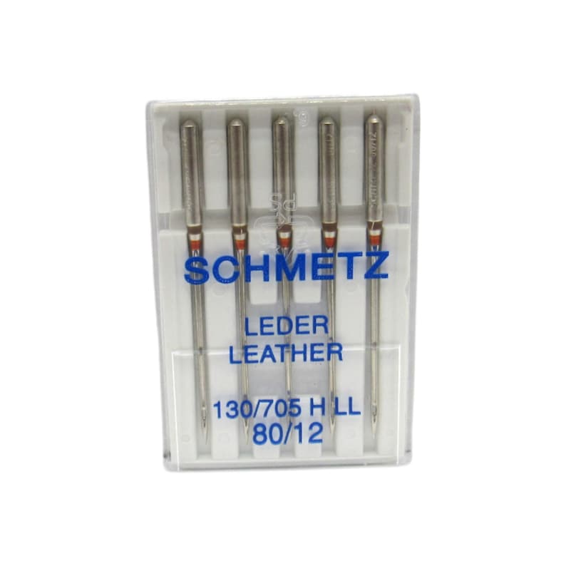 May include: A pack of five silver sewing needles for leather, labeled "Schmetz Leder Leather 130/705 H LL 80/12".