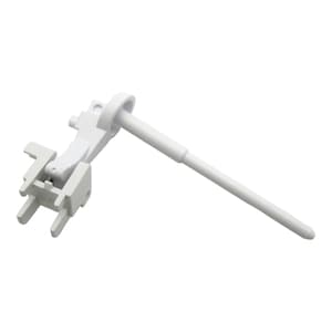 May include: White plastic toilet tank lever with a long, straight arm. The lever has a small, round handle and a rectangular base with a series of slots.