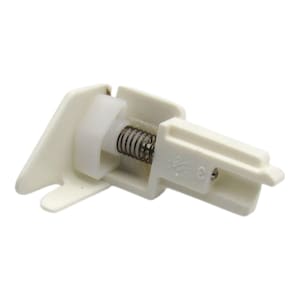 May include: White plastic curtain rod end cap with a spring mechanism. The end cap has a small hole and the number "8" printed on it.
