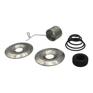 May include: A set of five silver-coloured metal parts for a sewing machine. The set includes two round metal plates, a spring, a coil spring, and a small metal hook.